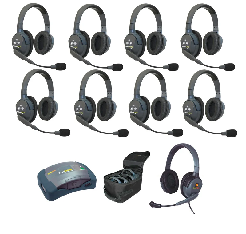 Eartec - Conjunto Ultralite HD para 9 personas con Hub + Auriculares con cable duales Max 4G