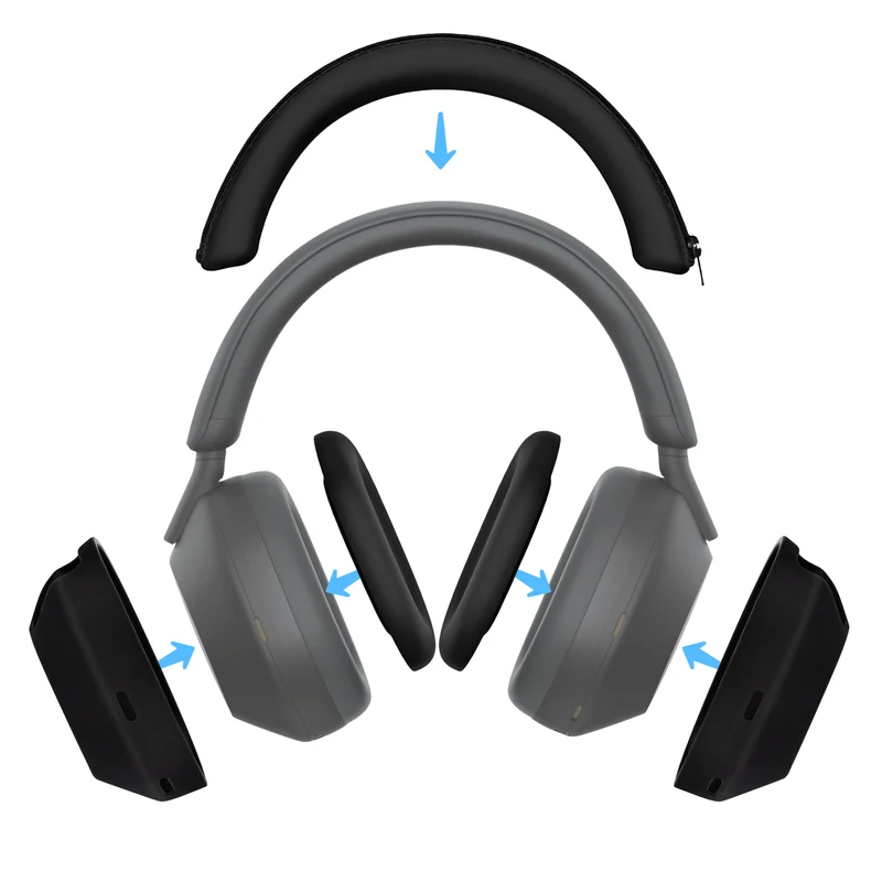Ensemble de protections en silicone pour casque Sony WH-1000XM5 : arceau, oreillettes et coussinets – Résistant à la transpiration et à la poussière, antidérapant et facile à installer