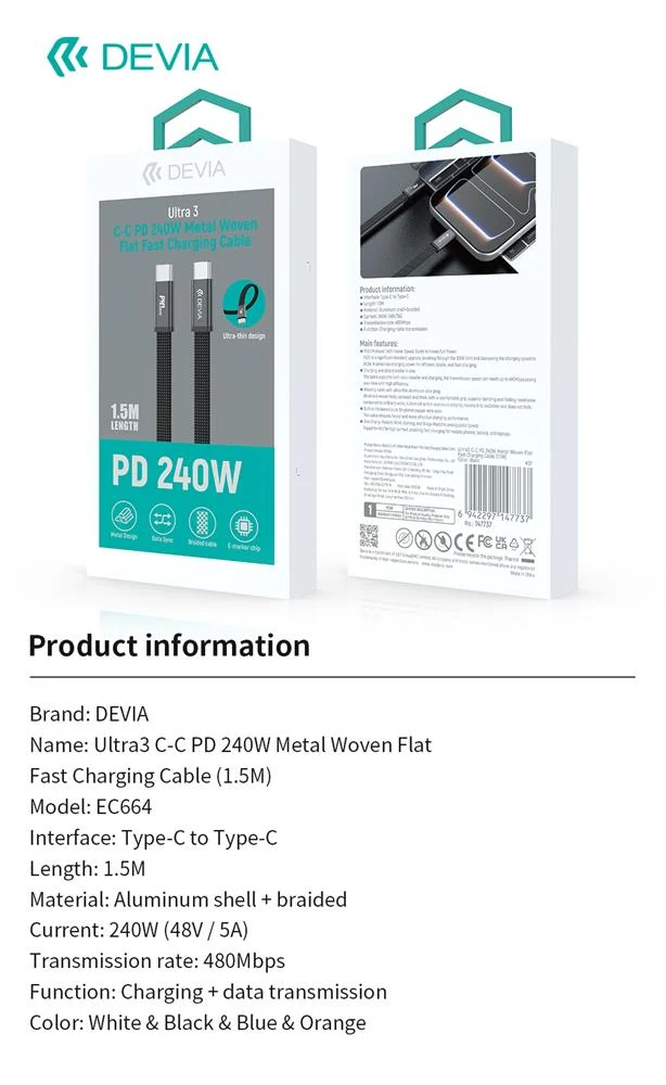 Devia Ultra3 usb-c PD 240W Metal Woven Flat Fast Charging Cable 1,5 m white