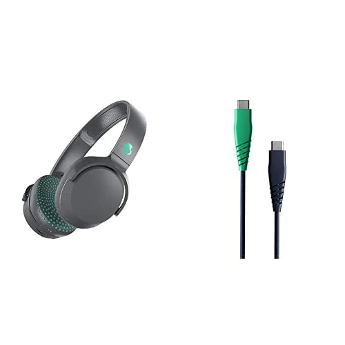 Skullcandy Riff Wireless On-Ear Headphones - Grey/Miami with Line Round Charging Cable, USB-C to USB-C - Dark Blue/Green, 4ft