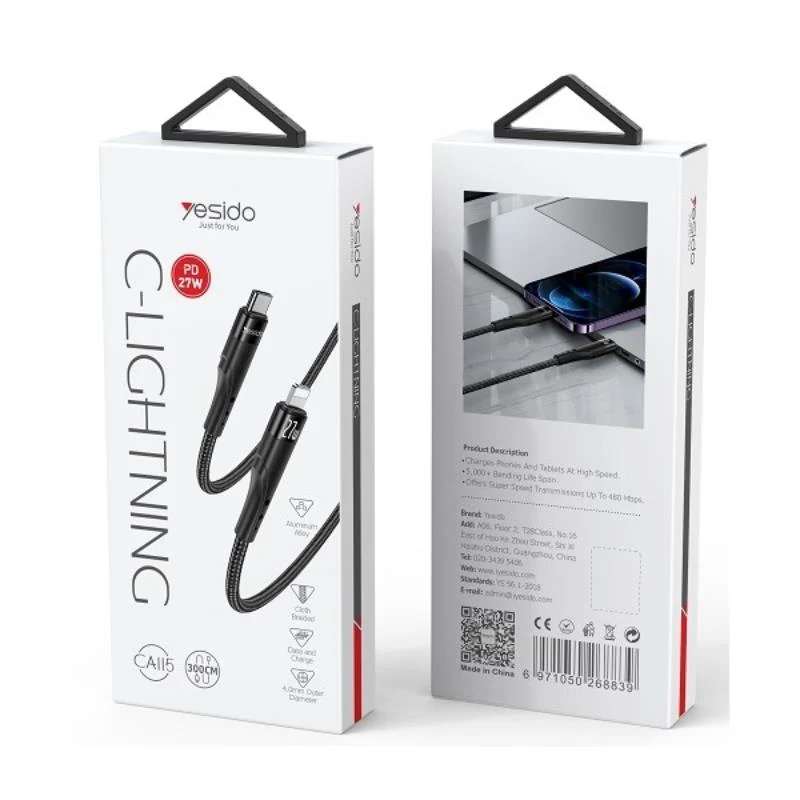 YESIDO CABLE CA115PD 27W TYPE-C/LIGHTNING 3M 1,67A BLACK