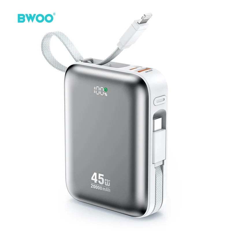 Chargeur portable BWOO 20000mAh PD45W 2 câbles USB-C Lightning P78 argent