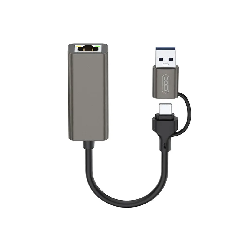 Adaptateur HUB XO HUB018 2-en-1 USB/USB-C RJ45 gris