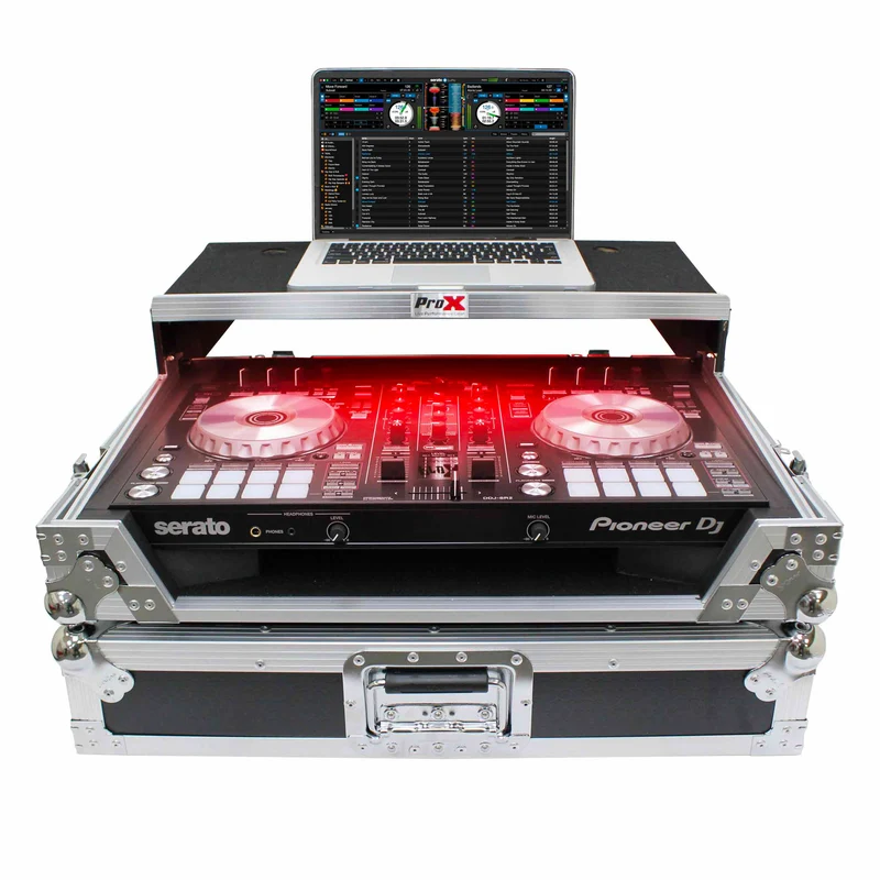 ProX Flight Case for Pioneer DDJ-SR2 Controller with Laptop Shelf and LED Kit (Silver-on-Black)