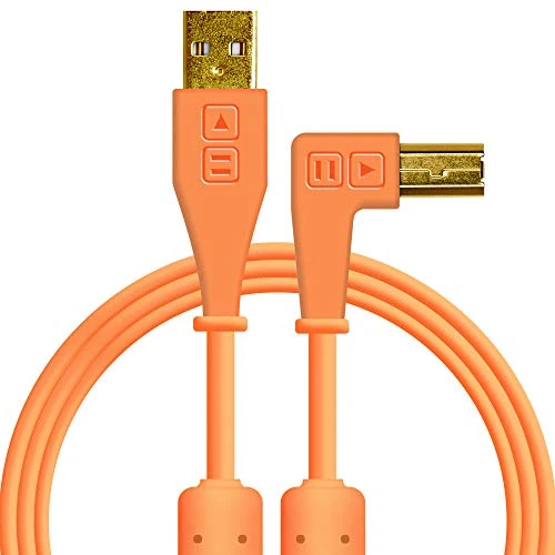 Chroma Cables Right-Angled USB-A to USB-B Cable | 1.5m / 5 ft | Audio Optimized | Shielded from Interference | Velcro Strap (Neon Orange)
