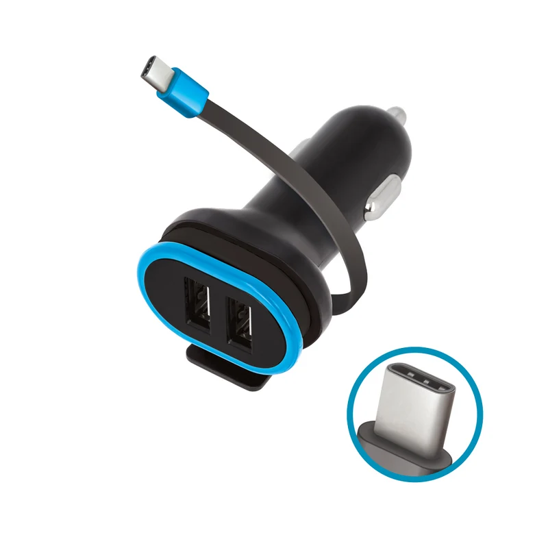 Chargeur voiture Forever CC-02 — 2 ports USB 3A + câble USB-C 0,2 m