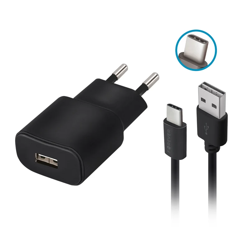 Chargeur secteur Forever TC-01 USB 2A — câble USB-C inclus