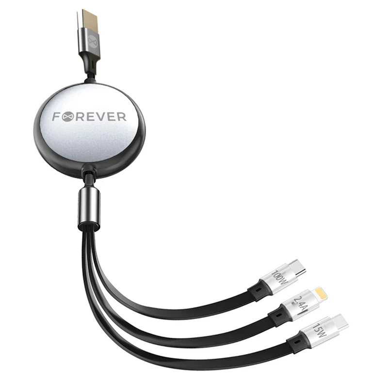 Câble 3 en 1 Forever Lightning + 2x USB-C 1,2 m 100W — Noir
