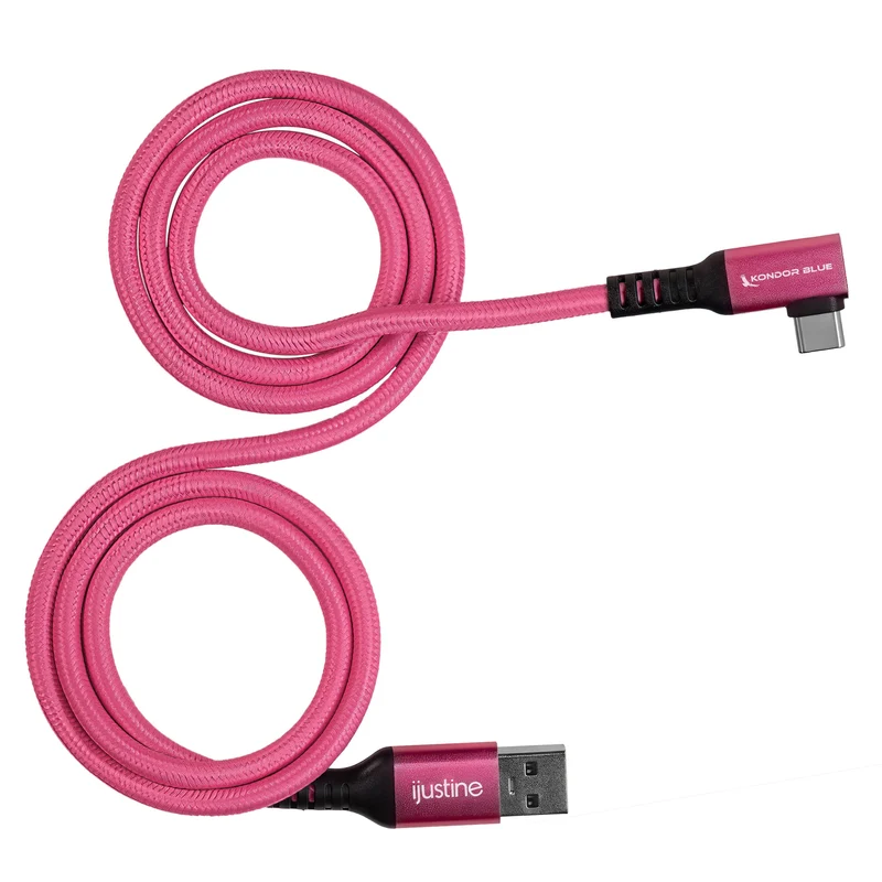 Kondor Blue iJustine Pink USB A to USB C 3.0 Right Angle High Speed Data and Charging Cable 3A 60W 5Gb/s (3 FT)