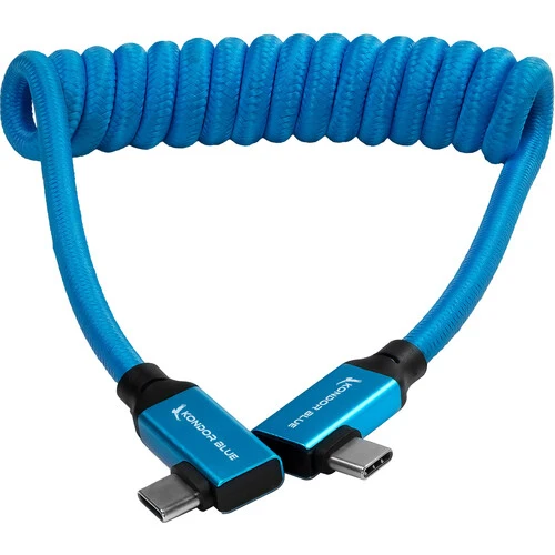 Kondor Blue USB C 3.1 Right Angle Braided Cable for 8K Data and Power Delivery (Kondor Blue)(Coiled)(12"-24")