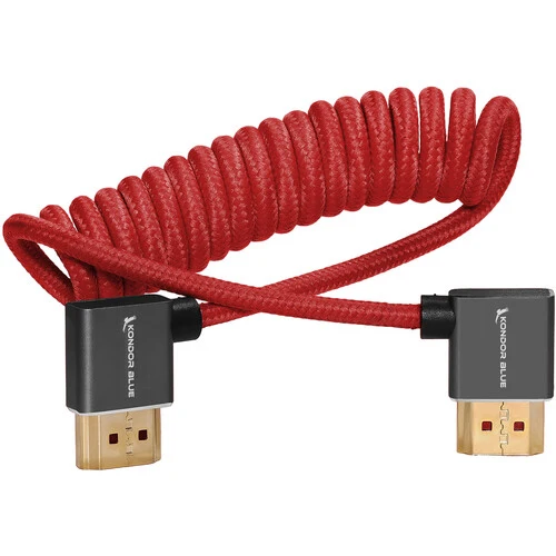 Kondor Blue RIGHT ANGLE FULL HDMI CABLE FOR ON-CAMERA MONITORS 12"-24" BRAIDED COILED (Cardinal Red)