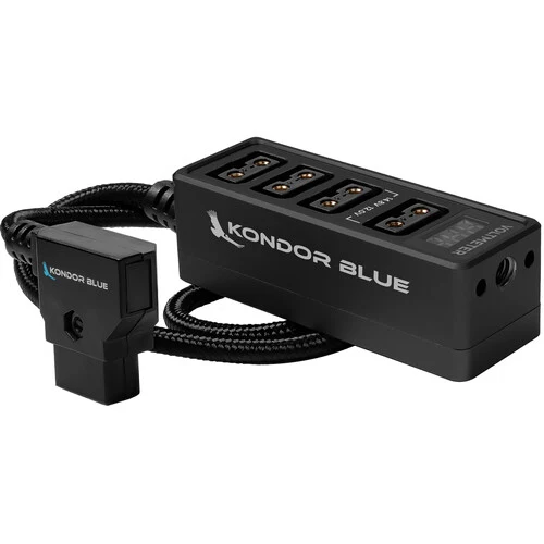 Kondor Blue 12V Metal D-Tap Hub Voltmeter 4 Way Port Power Tap Splitter (1/4”-20 Threads) (Raven Black)