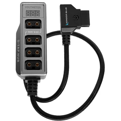 Kondor Blue 12V Metal D-Tap Hub Voltmeter 4 Way Port Power Tap Splitter (1/4”-20 Threads)
